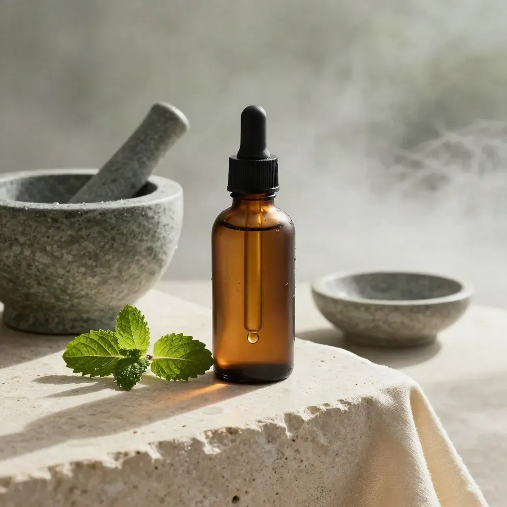 Amber CBD oil bottle with mint, stone mortar and cloth on pale limestone in soft rain light.