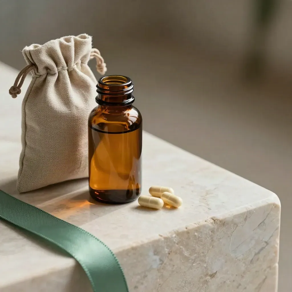 Amber CBD capsule bottle with spilled capsules and linen pouch on pale stone ledge