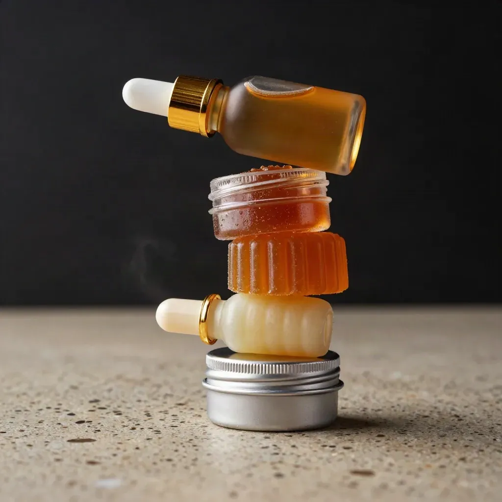 Macro stack of CBD oil, gummies, capsules and balm on dark travertine with gold accents.