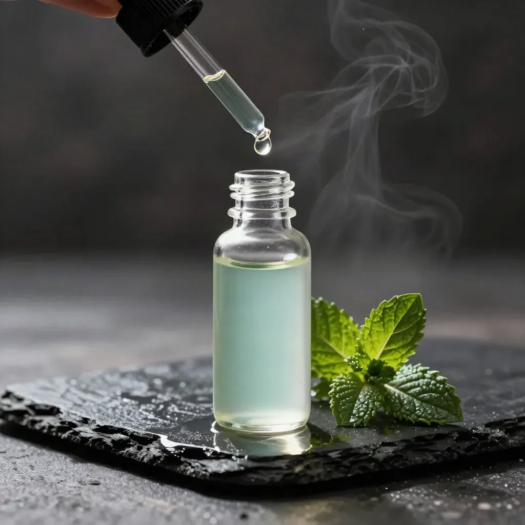 Mint CBD oil bottle with dropper, mint leaves, and a hanging oil drop on wet black slate.