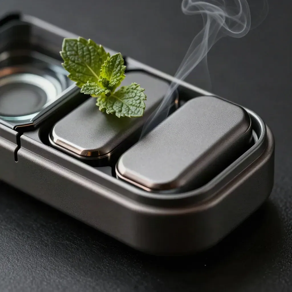 Macro mint vape pods in a matte case with a mint leaf on smoked glass, lit from upper left.