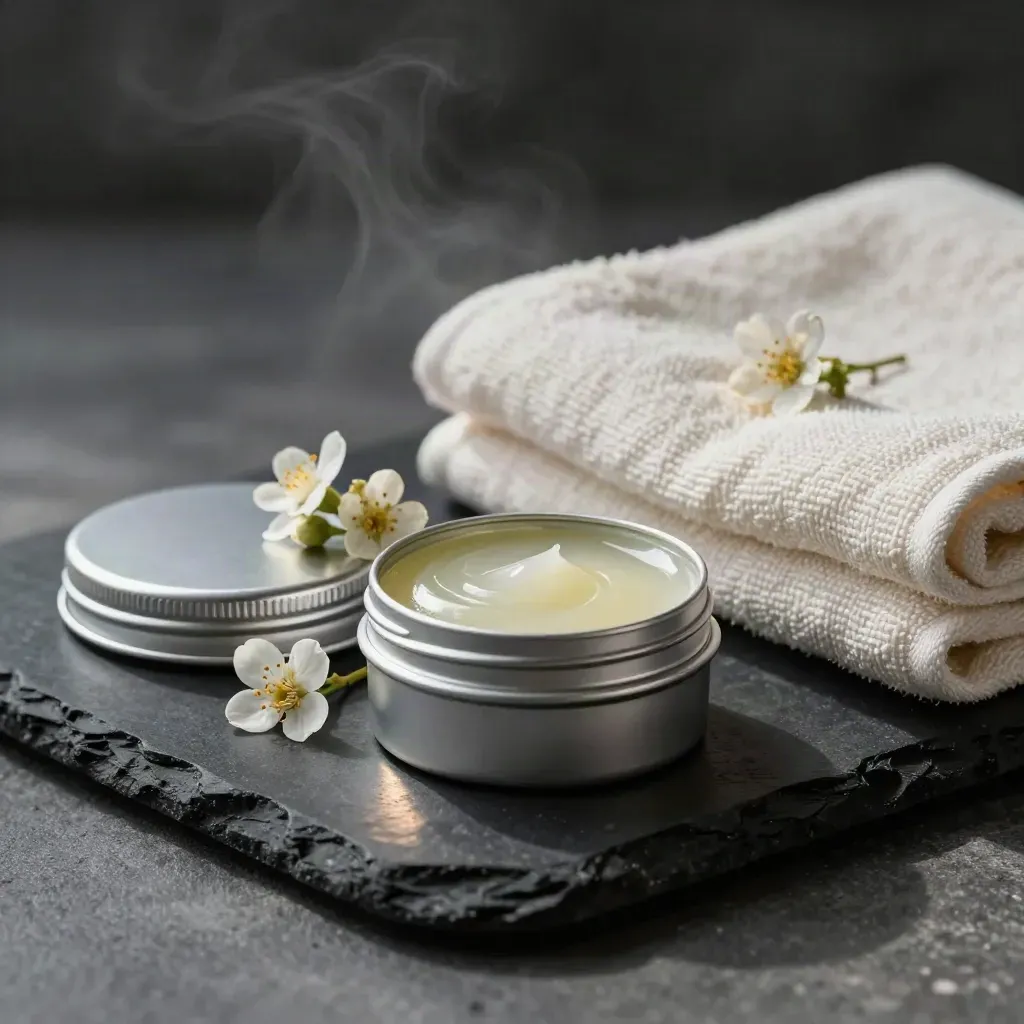 Unbranded CBD balm tin with arnica flowers, stone disc, and folded towel on black surface