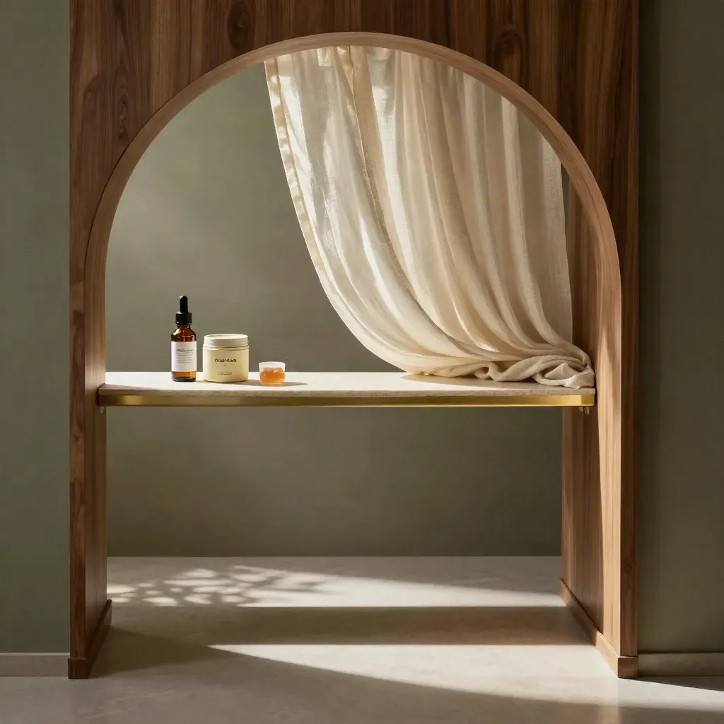 Walnut archway interior with CBD products on a shelf, sunlit alcove above, calm open space below.